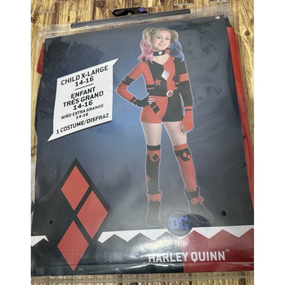 Harley Quinn Costume Cosplay Dress Up DC Girls Size XL 14-16 Halloween Comic